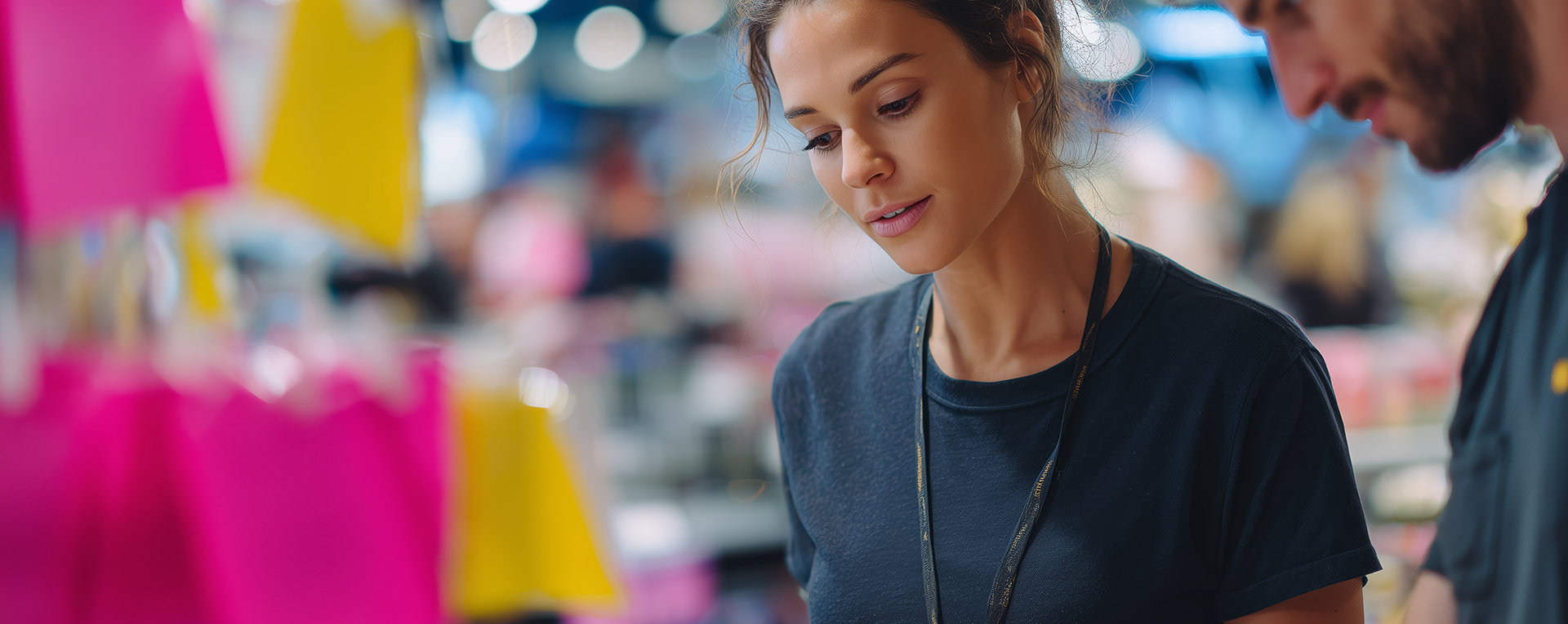 Two team members are discussing items while helping customers in a busy retail store.